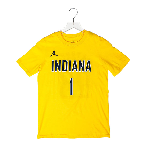 Youth Indiana Pacers #1 Obi Toppin Statement Name and Number T-shirt by Jordan in Gold - Front View