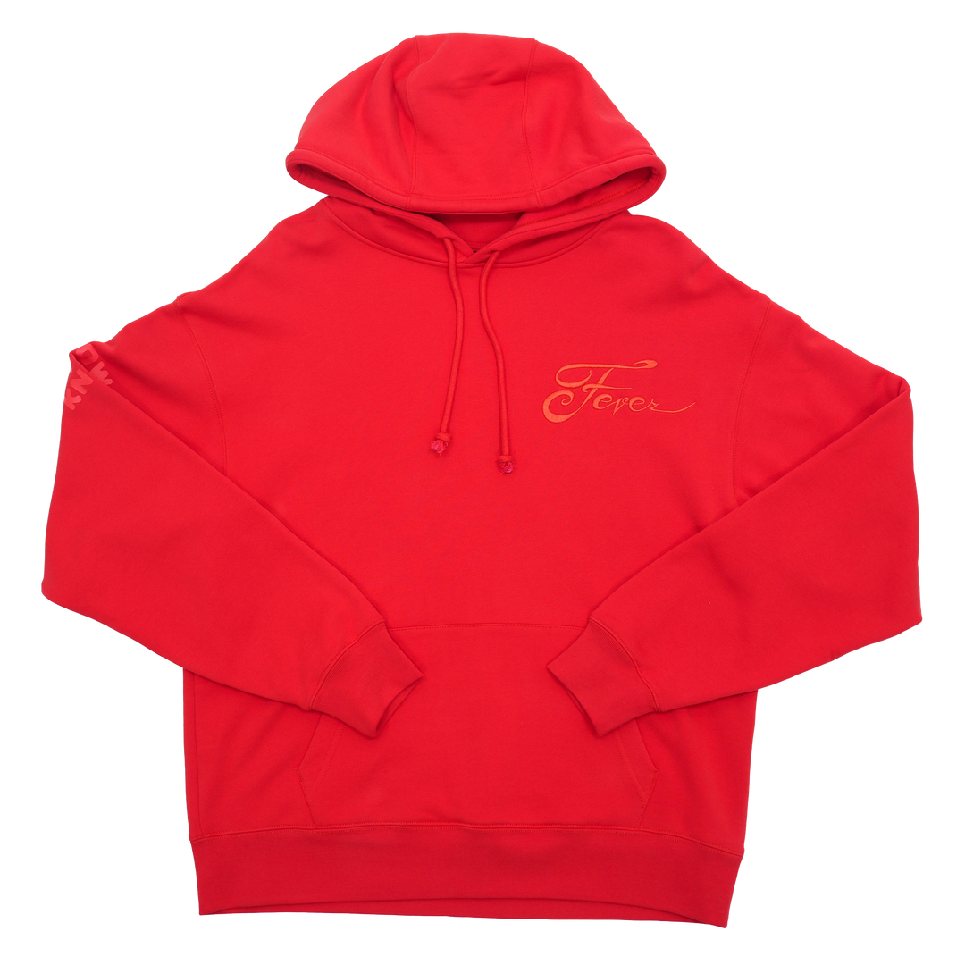 Red hoodie with a brand logo on a white background