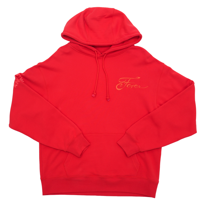 Red hoodie with a brand logo on a white background