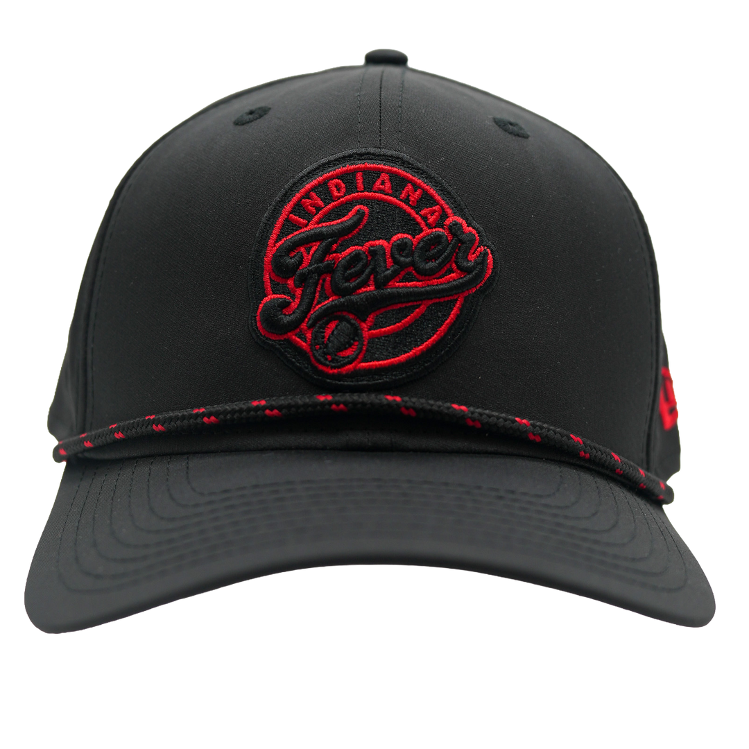 Black cap with red logo on a white background