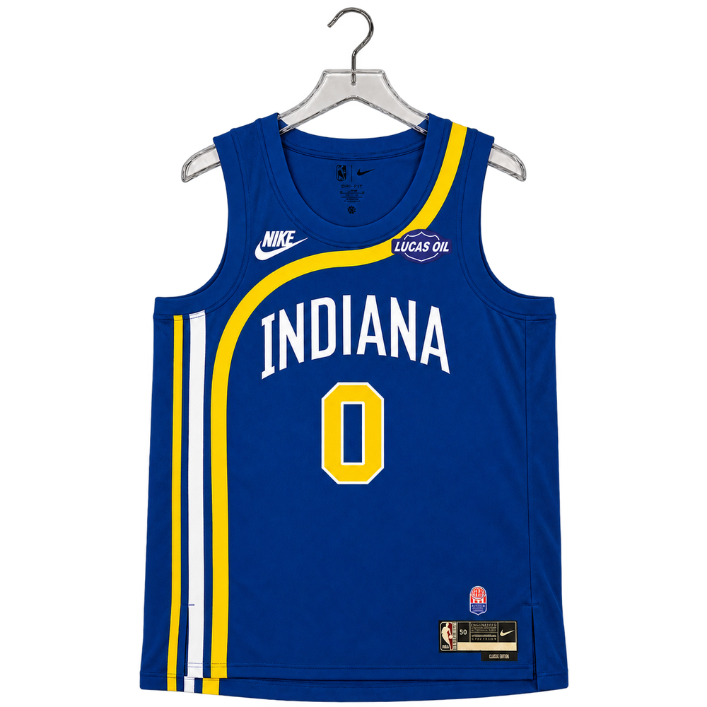 A blue Indiana Pacers basketball jersey with yellow and white accents, featuring 'INDIANA' and the number '0' on the front, hanging on a gray hanger against a white background.
