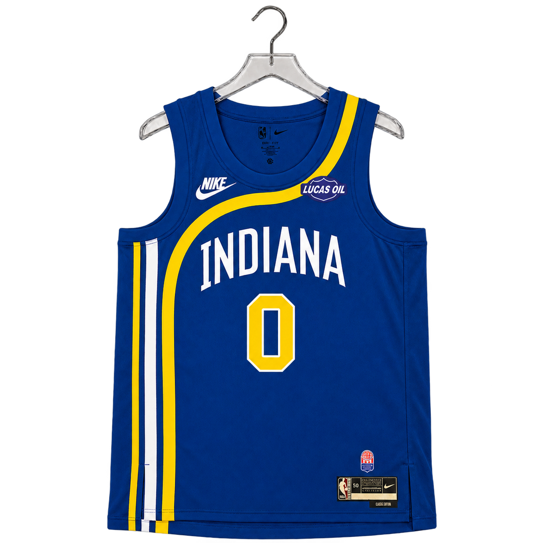 A blue Indiana Pacers basketball jersey with yellow and white accents, featuring &