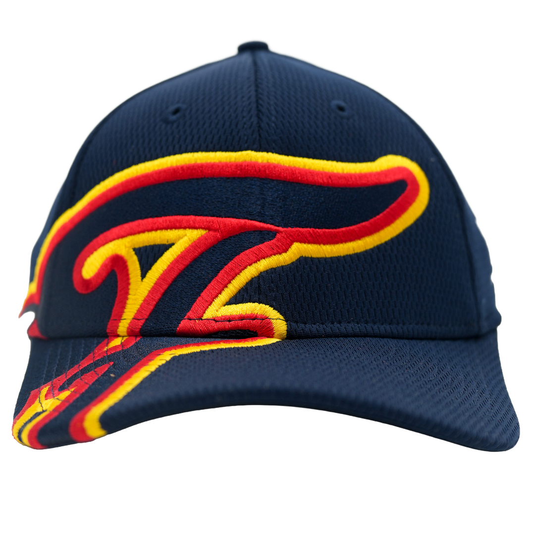 Navy blue cap with red and yellow logo on a white background