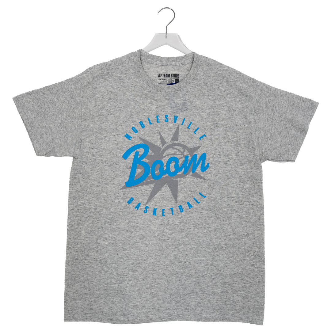 Gray t-shirt with blue 'Boom' graphic on a white background