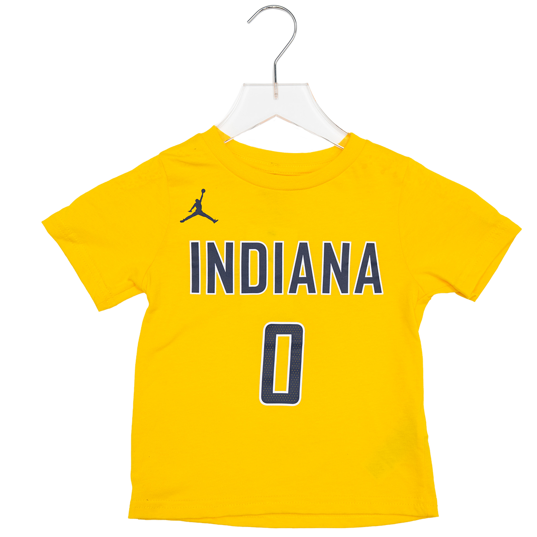 Toddler Indiana Pacers #0 Tyrese Haliburton 26-27 Statement Name and Number T-shirt in Gold by Jordan