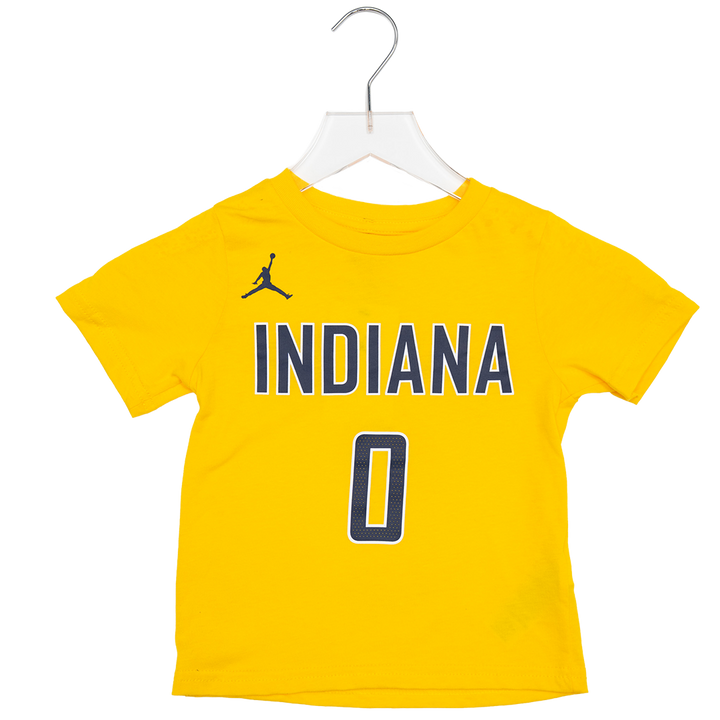 Toddler Indiana Pacers #0 Tyrese Haliburton 26-27 Statement Name and Number T-shirt in Gold by Jordan