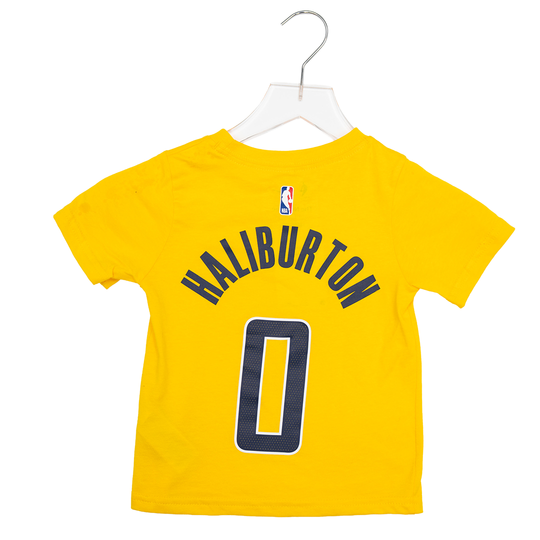 Toddler Indiana Pacers #0 Tyrese Haliburton 26-27 Statement Name and Number T-shirt in Gold by Jordan