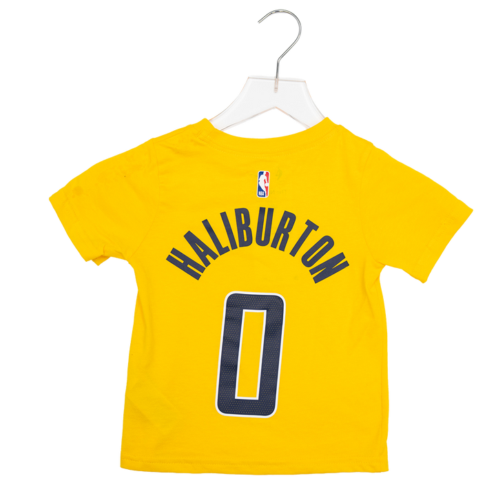 Toddler Indiana Pacers #0 Tyrese Haliburton 26-27 Statement Name and Number T-shirt in Gold by Jordan
