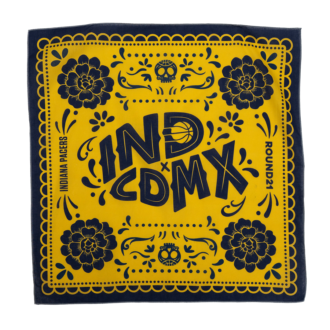 A square bandana with a bright yellow center and dark navy blue border and printed graphics. The design features the text 'IND CDMY' with a basketball inside the letter 'I', 'INDIANA PACERS' printed vertically on the left, and 'ROUND 2' on the right, surrounded by ornate floral and decorative patterns.