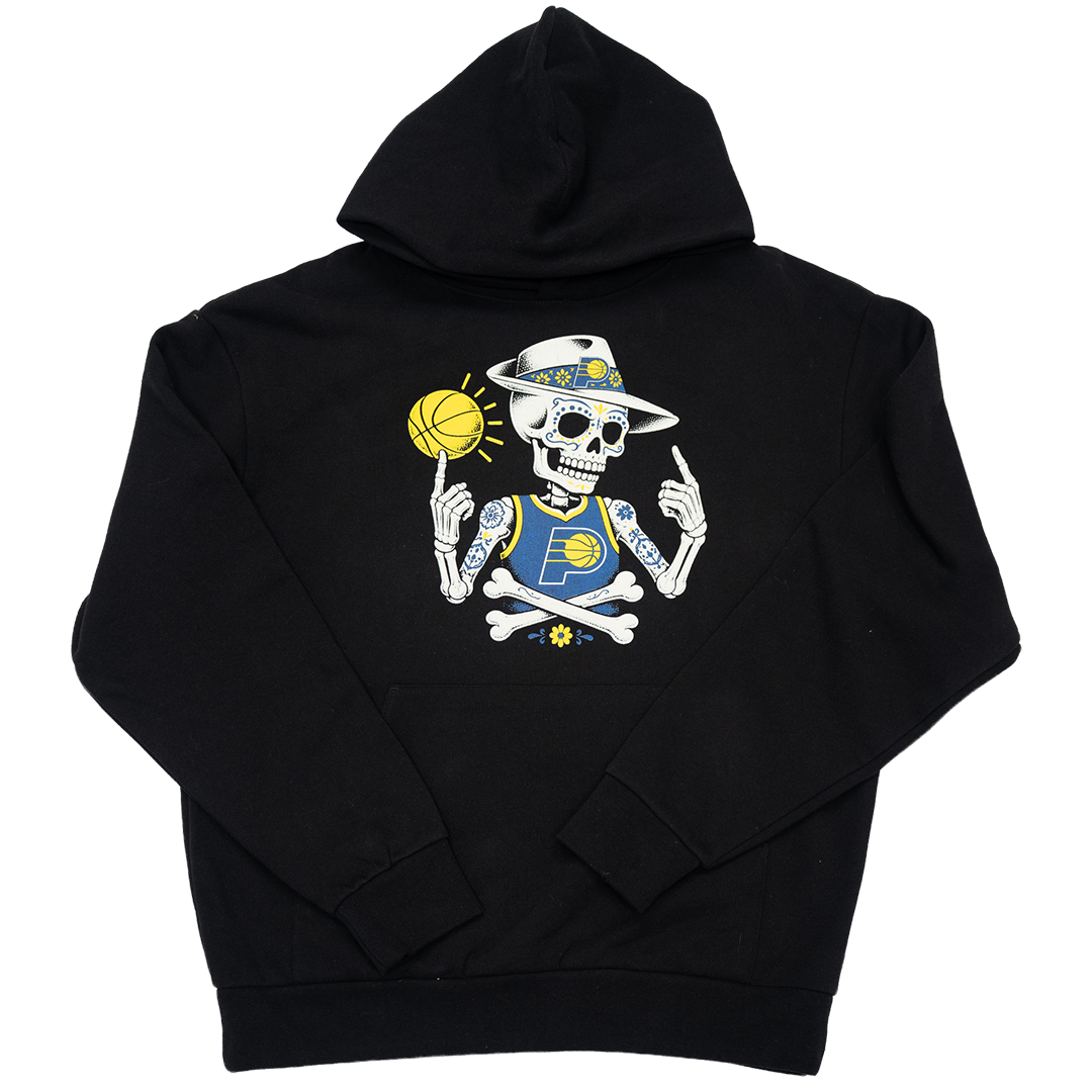 A black pullover hoodie shown flat against a white background, featuring a large graphic on the back of a skeleton wearing a blue and yellow hat and holding a yellow basketball.