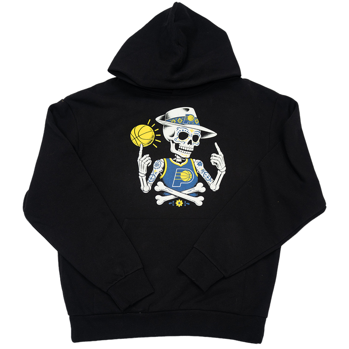 A black pullover hoodie shown flat against a white background, featuring a large graphic on the back of a skeleton wearing a blue and yellow hat and holding a yellow basketball.
