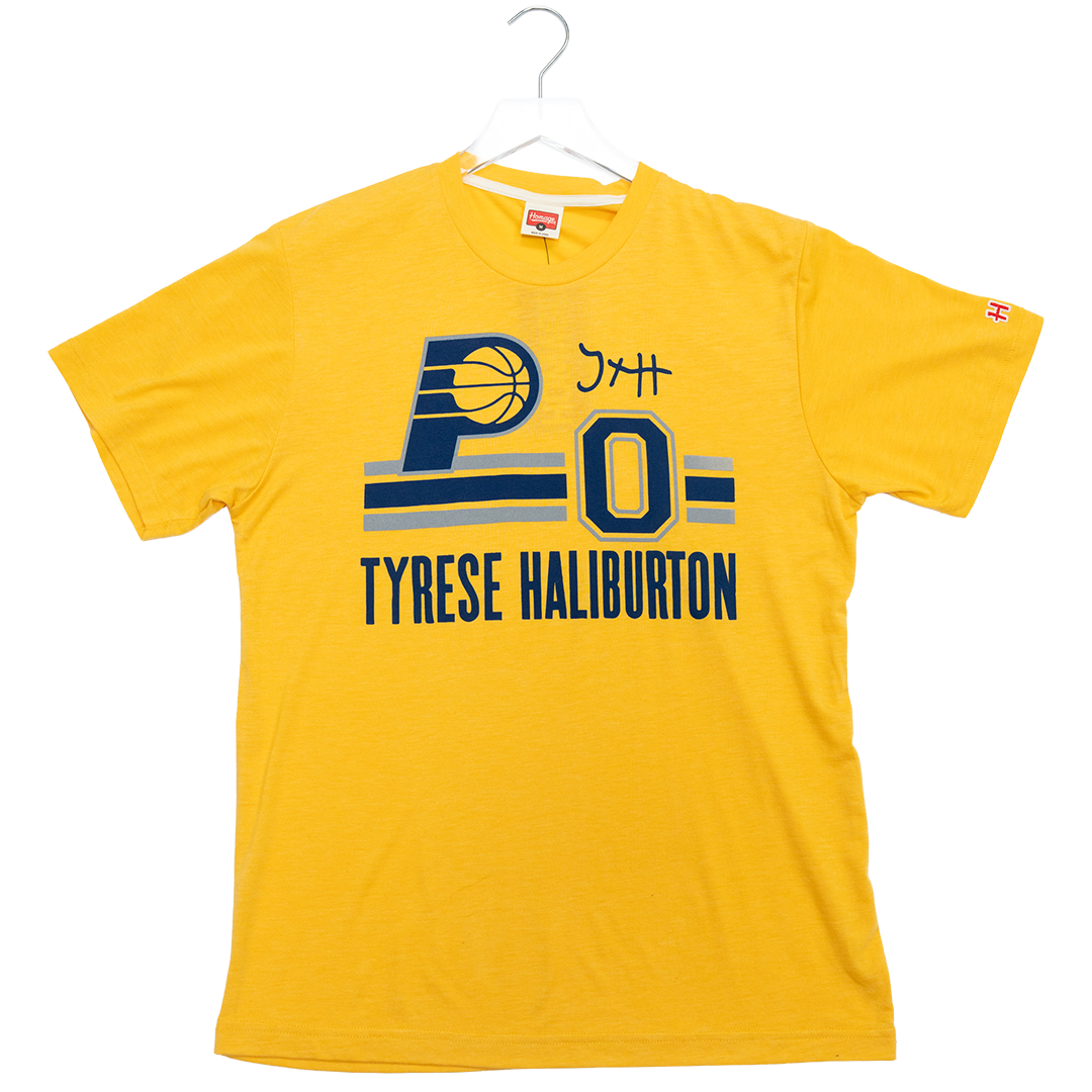 Adult Indiana Pacers #0 Tyrese Haliburton Name and Number T-shirt in Gold by Homage