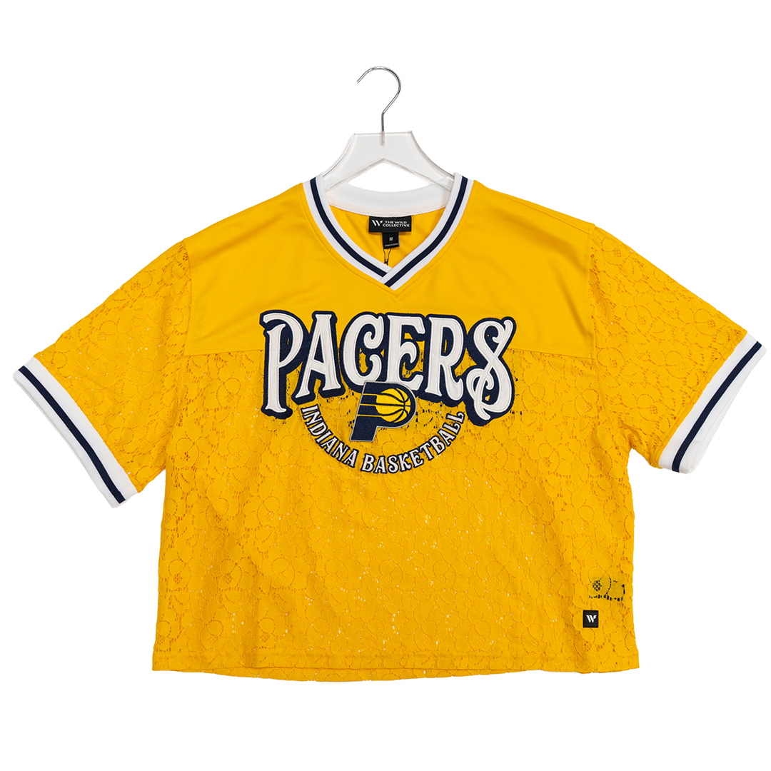 Women's Indiana Pacers Boxy Lace Short-Sleeve Fashion Top in Gold by Wild Collective
