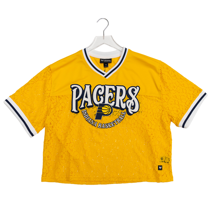 Women's Indiana Pacers Boxy Lace Short-Sleeve Fashion Top in Gold by Wild Collective