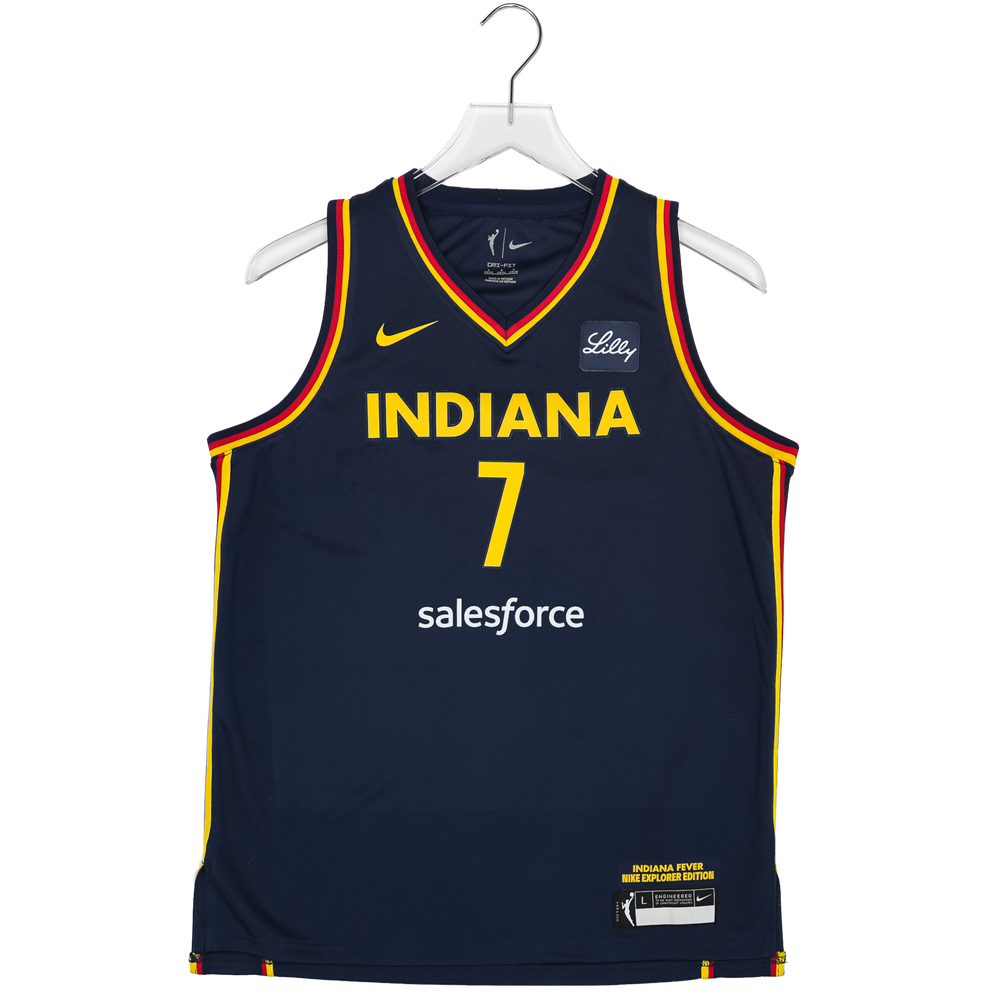 Basketball jersey with 'Indiana' and number '7' on a hanger against a white background