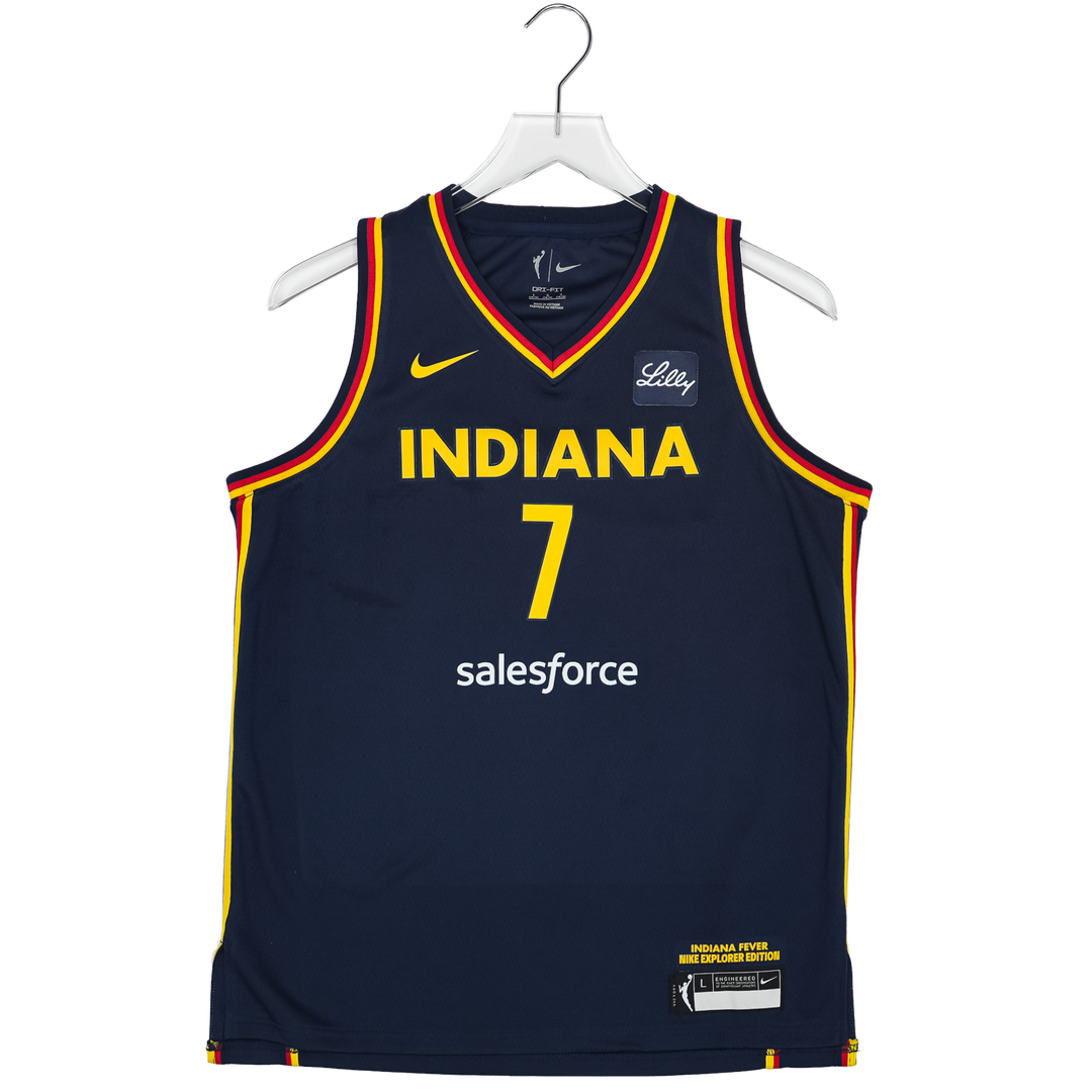 Basketball jersey with 'Indiana' and number '7' on a hanger against a white background