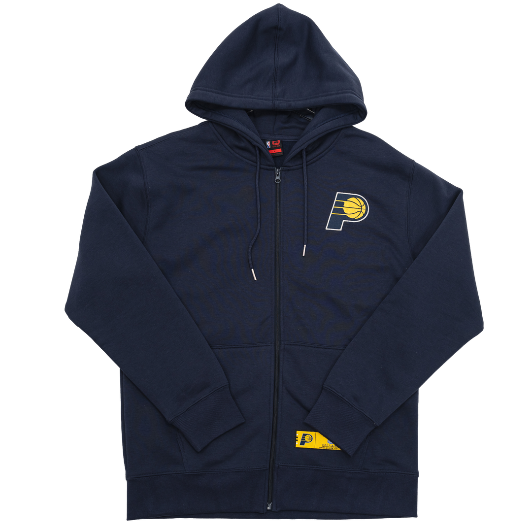 Navy blue hoodie with a logo on the chest on a white background