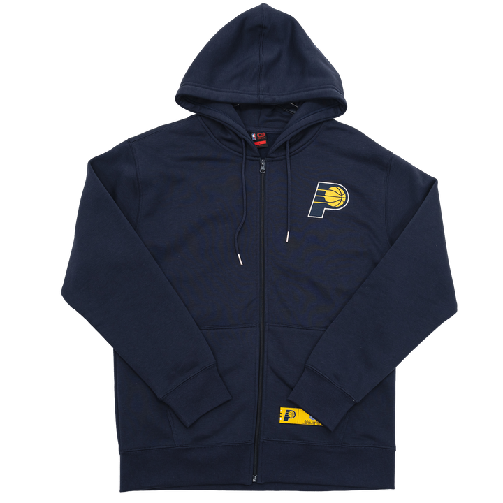 Navy blue hoodie with a logo on the chest on a white background