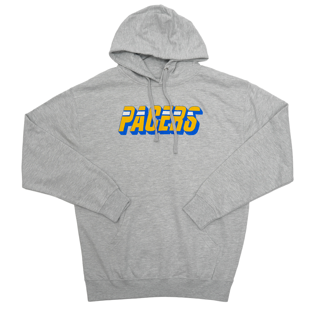 Gray hoodie with 'Pacers' text on a white background