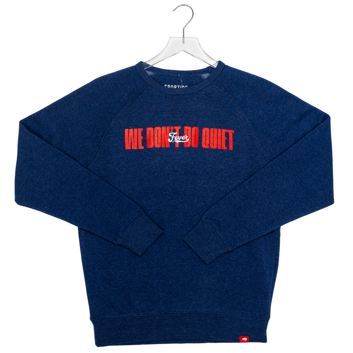 Blue sweatshirt with red text on a white background