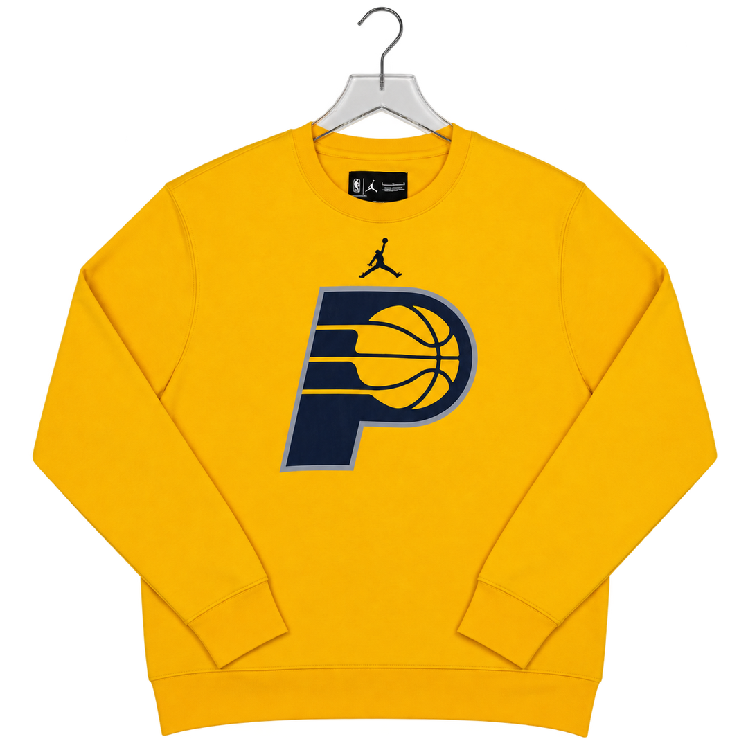 A yellow crewneck sweatshirt hanging on a clear hanger, featuring the Indiana Pacers logo and a black Jordan logo on the chest.