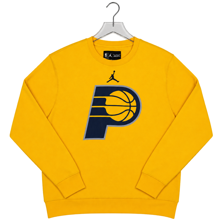 A yellow crewneck sweatshirt hanging on a clear hanger, featuring the Indiana Pacers logo and a black Jordan logo on the chest.