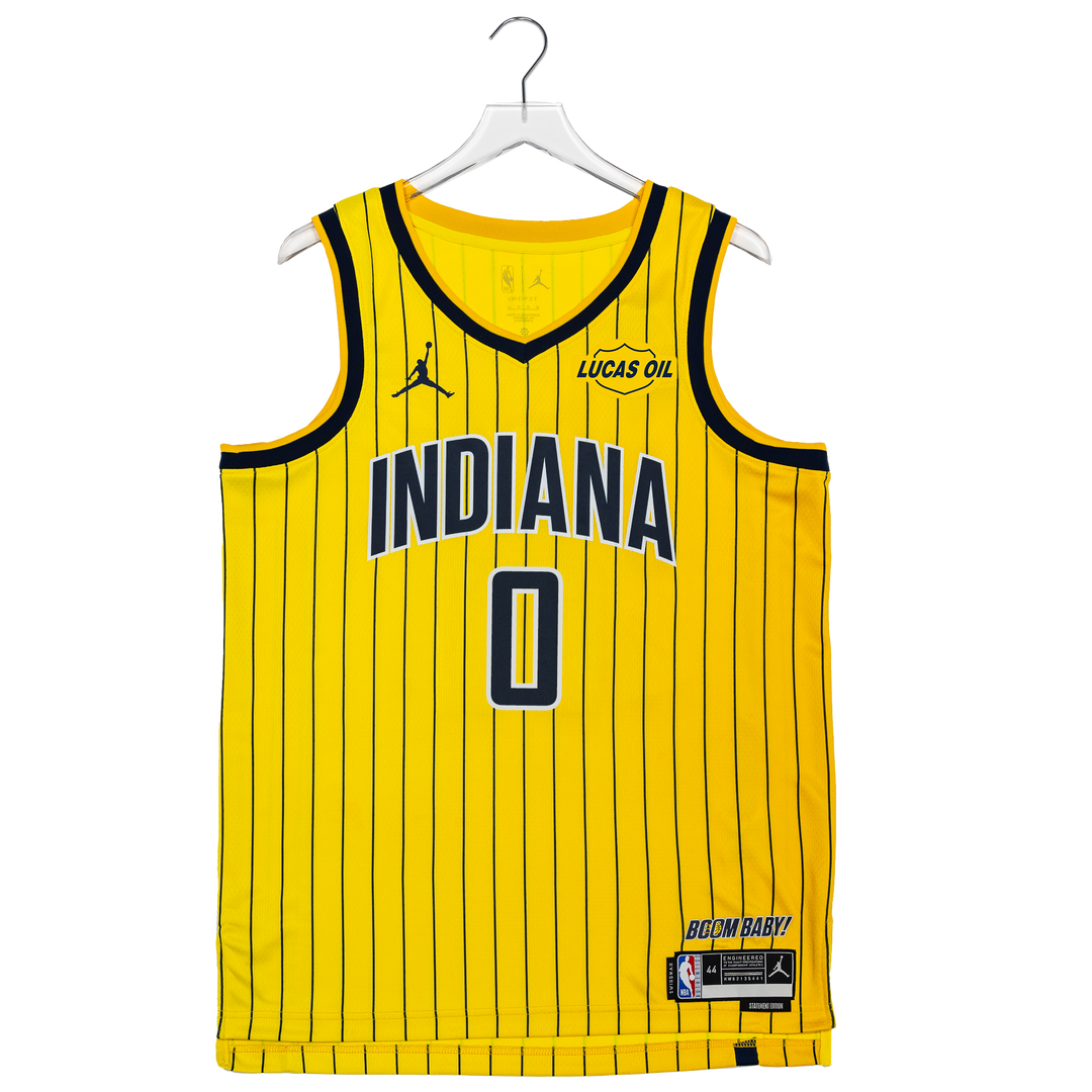 Adult Indiana Pacers #0 Tyrese Haliburton 26-27' Statement Swingman Jersey in Gold by Jordan