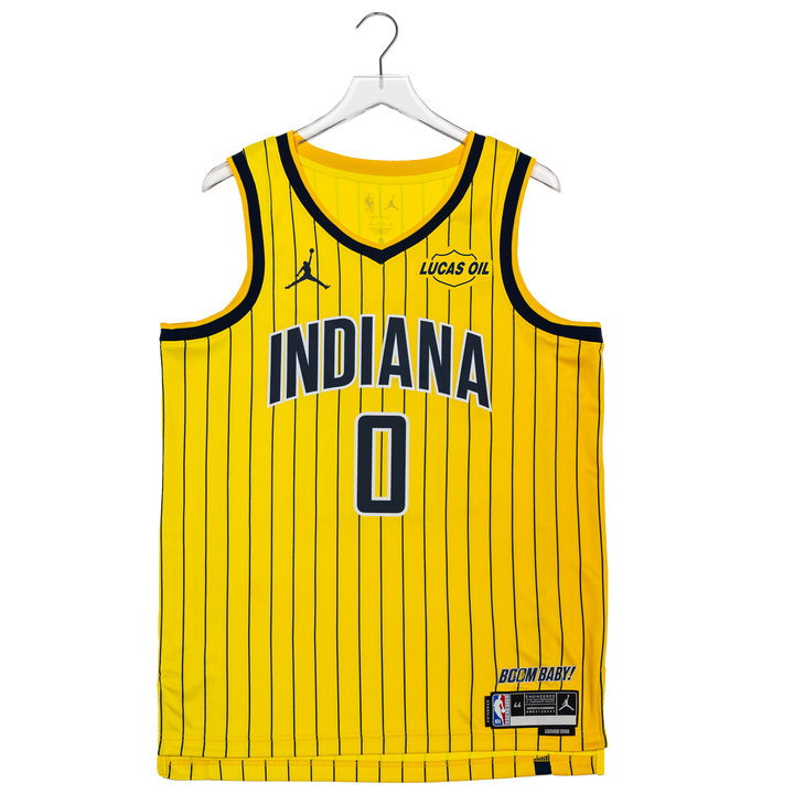 Adult Indiana Pacers #0 Tyrese Haliburton 26-27' Statement Swingman Jersey in Gold by Jordan