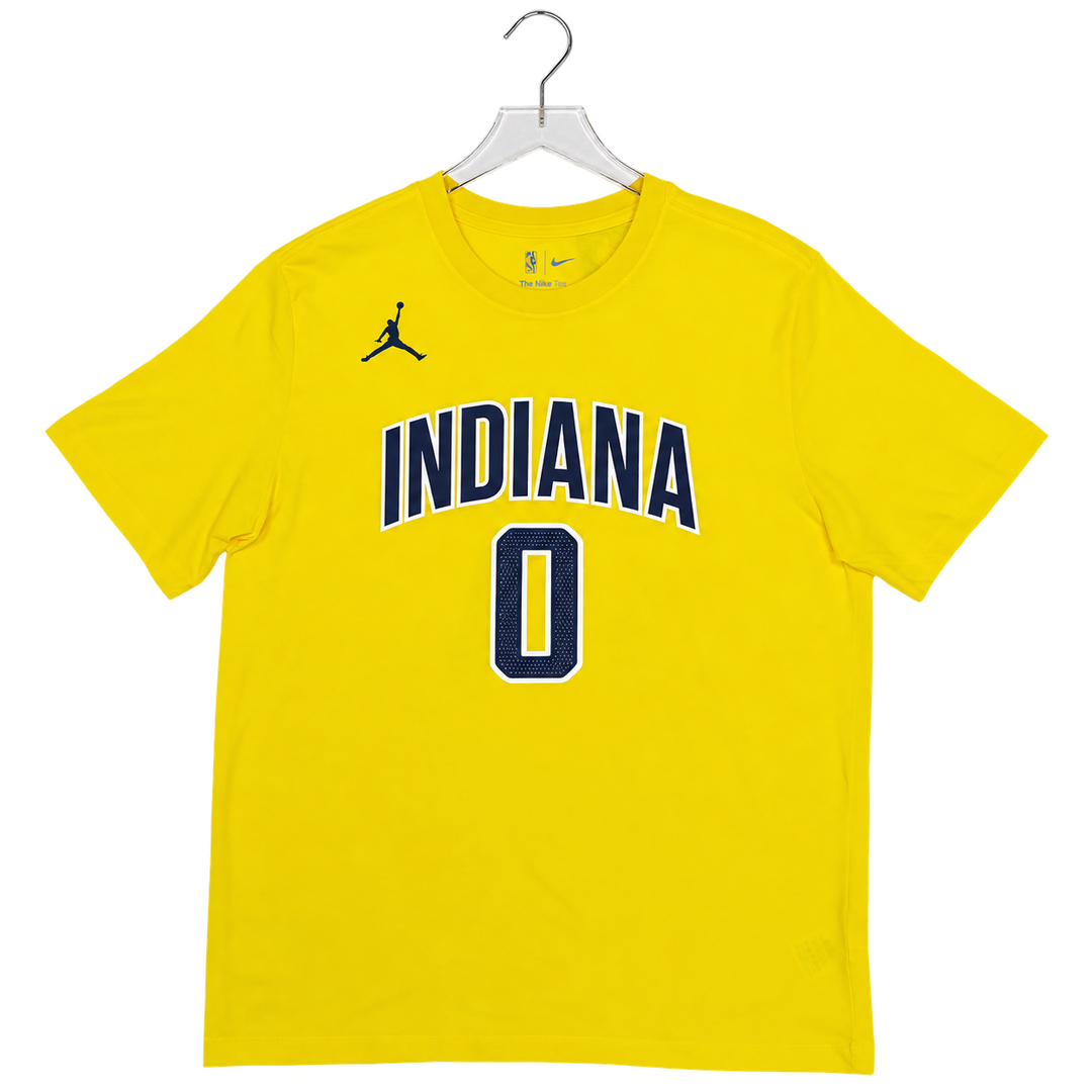 Adult Indiana Pacers #0 Tyrese Haliburton 26-27' Statement Name and Number T-shirt in Gold by Jordan