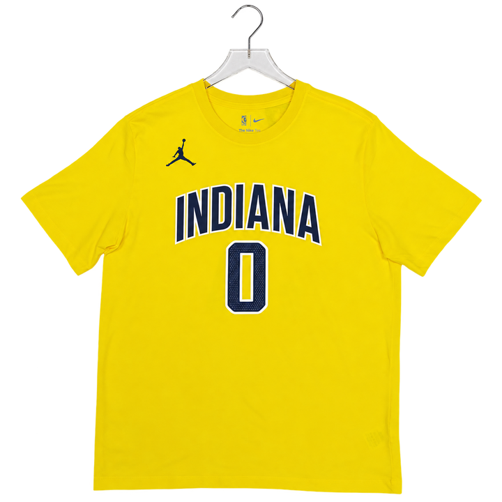 Adult Indiana Pacers #0 Tyrese Haliburton 26-27' Statement Name and Number T-shirt in Gold by Jordan