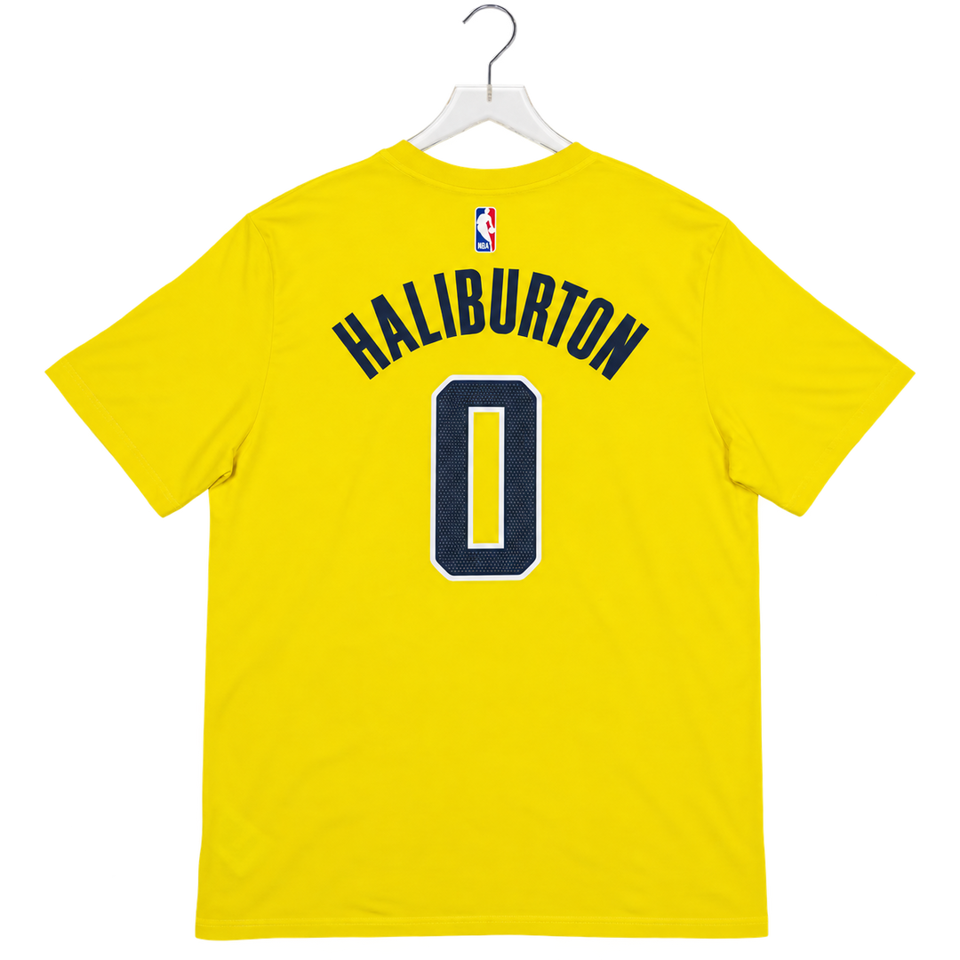 A bright yellow short-sleeve t-shirt on a white hanger, showing the back with 'HALIBURTON' and the number '0' printed in navy blue with a white outline.