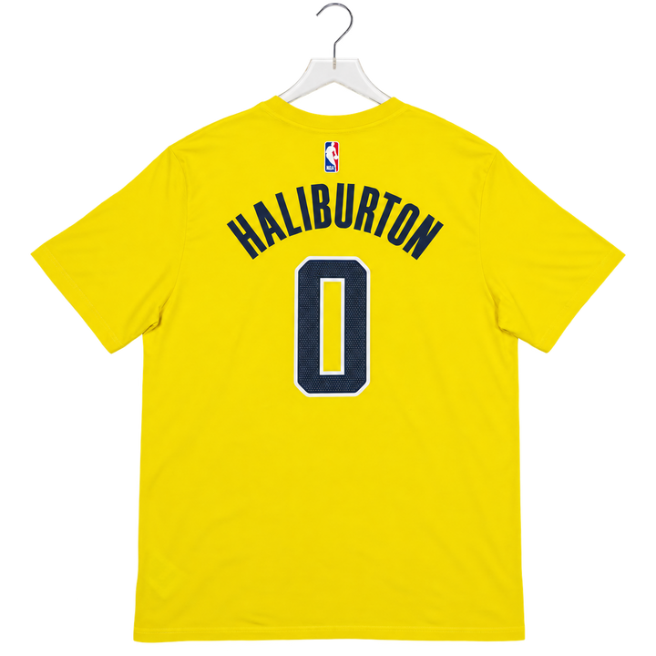 A bright yellow short-sleeve t-shirt on a white hanger, showing the back with 'HALIBURTON' and the number '0' printed in navy blue with a white outline.