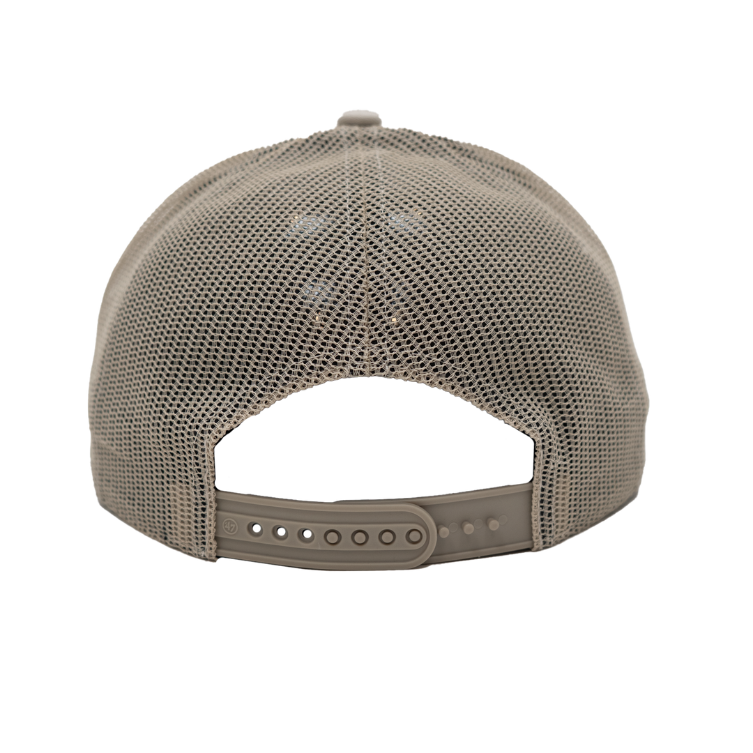 Back view of a beige cap with mesh design on a white background