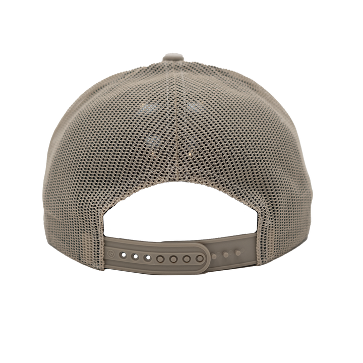 Back view of a beige cap with mesh design on a white background