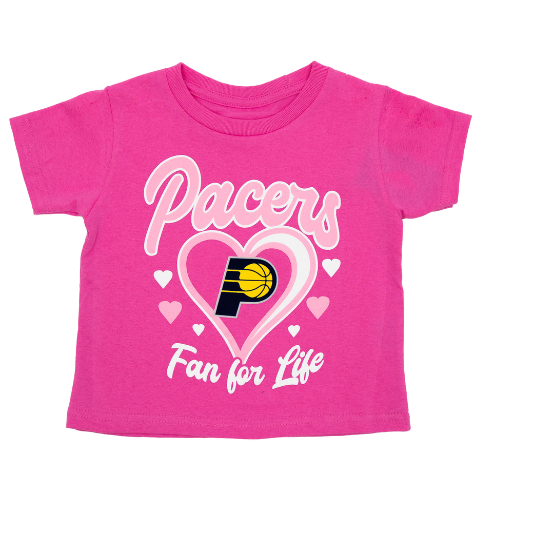 Pink t-shirt with Pacers logo and text on a white background