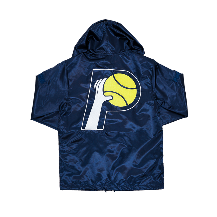 Adult Indiana Pacers Satin Coaches Hooded Jacket in Navy by Mitchell and Ness