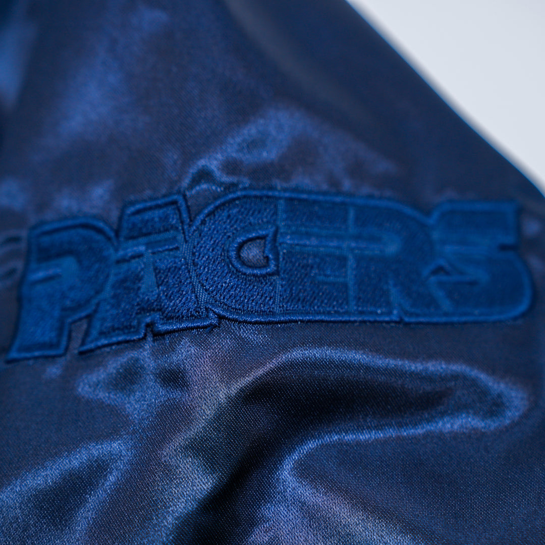 Adult Indiana Pacers Satin Coaches Hooded Jacket in Navy by Mitchell and Ness