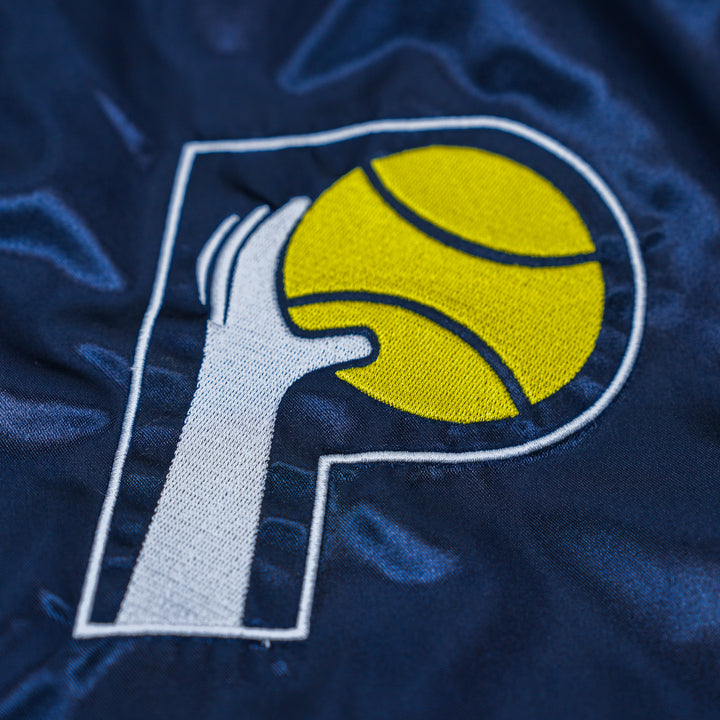 Adult Indiana Pacers Satin Coaches Hooded Jacket in Navy by Mitchell and Ness