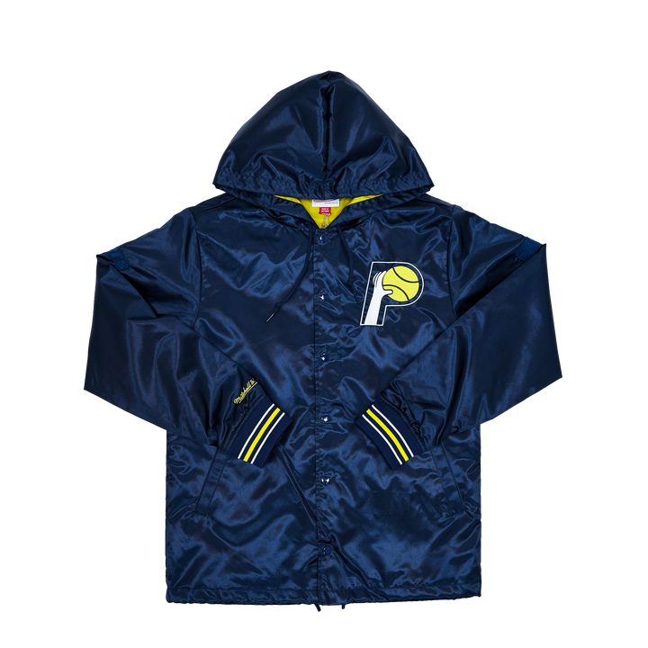 Adult Indiana Pacers Satin Coaches Hooded Jacket in Navy by Mitchell and Ness
