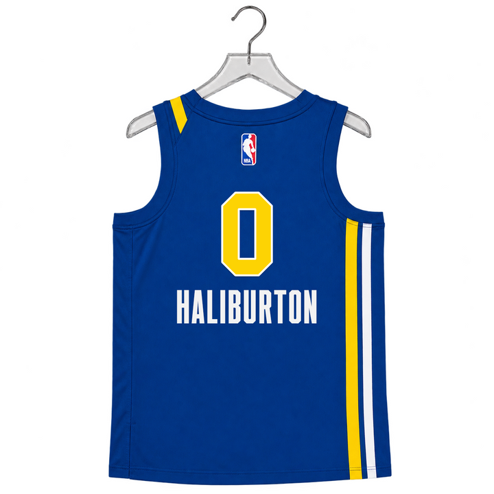 A blue basketball jersey hanging on a clear hanger against a white background, with a large yellow number 0, the name HALI in white, a small NBA logo at the upper back, and yellow-and-white side stripes.