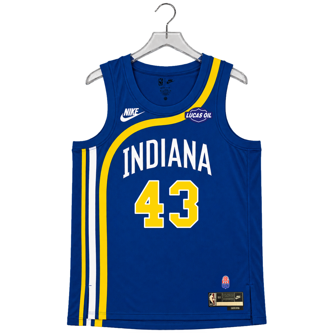 A blue Indiana Pacers basketball jersey with yellow and white accents, featuring the number 43 and &