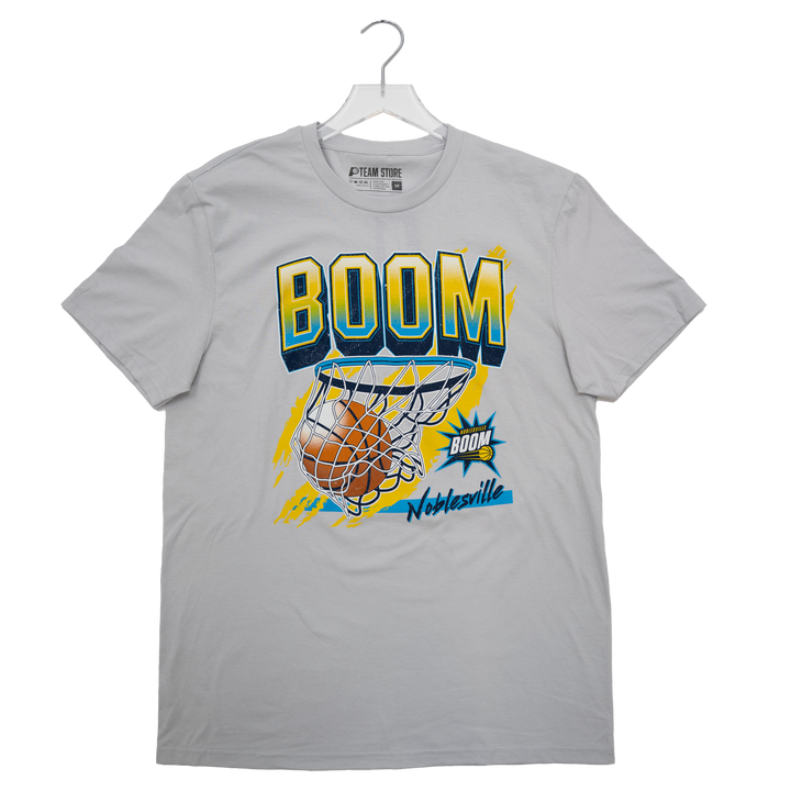 Gray t-shirt with 'BOOM' graphic design on a white background