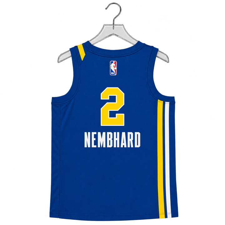 A blue basketball jersey hanging on a clear hanger against a white background, with a large yellow number 0, the name HALI in white, a small NBA logo at the upper back, and yellow-and-white side stripes.