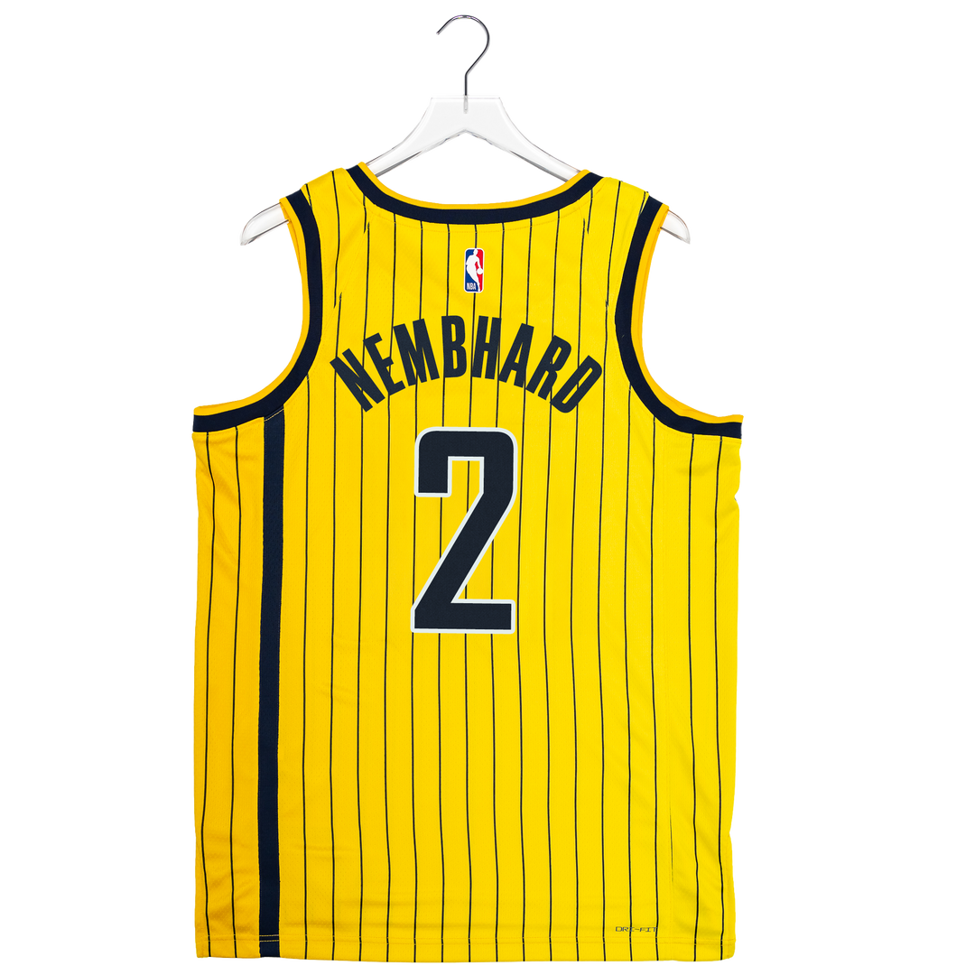 A yellow Indiana Pacers basketball jersey with black pinstripes, featuring 'NEMBHARD' and the number '2' on the back, hanging on a white hanger against a white background.