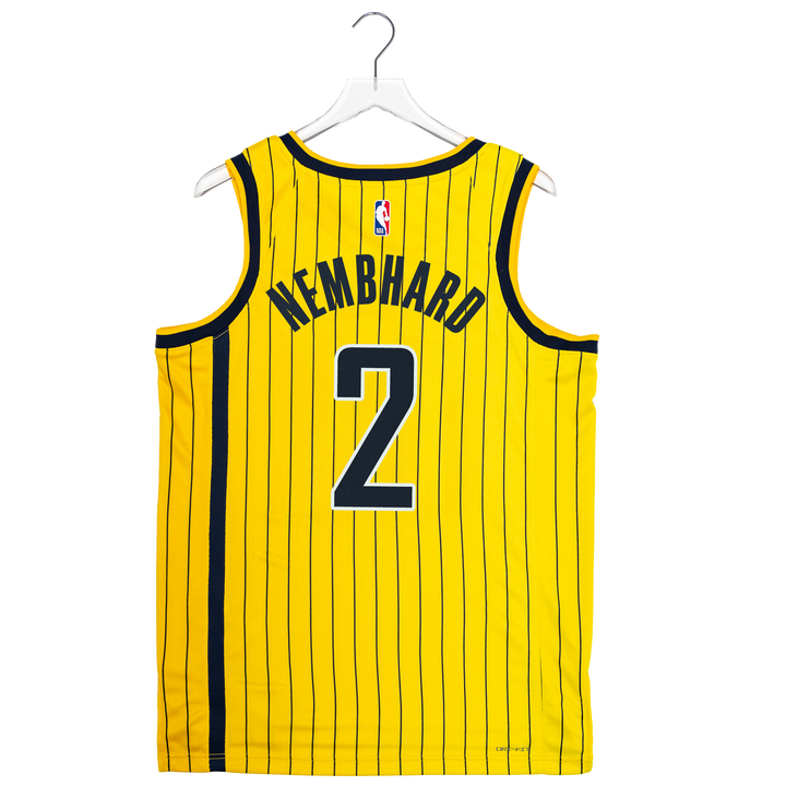 A yellow Indiana Pacers basketball jersey with black pinstripes, featuring 'NEMBHARD' and the number '2' on the back, hanging on a white hanger against a white background.