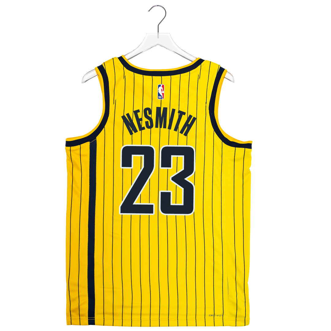 A yellow basketball jersey with thin black pinstripes, featuring the name NESMITH and number 23 on the back. The jersey is hanging on a white plastic hanger against a plain white background.