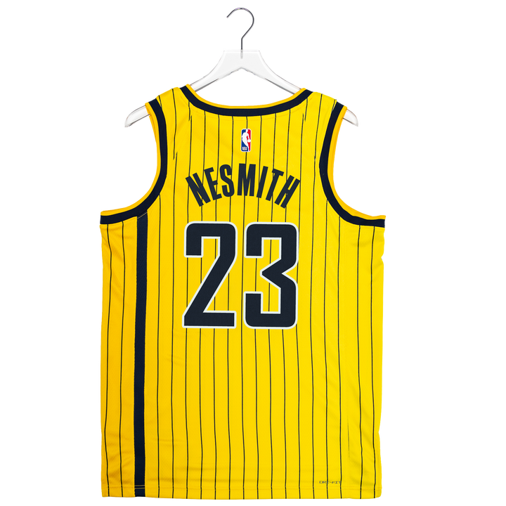A yellow basketball jersey with thin black pinstripes, featuring the name NESMITH and number 23 on the back. The jersey is hanging on a white plastic hanger against a plain white background.