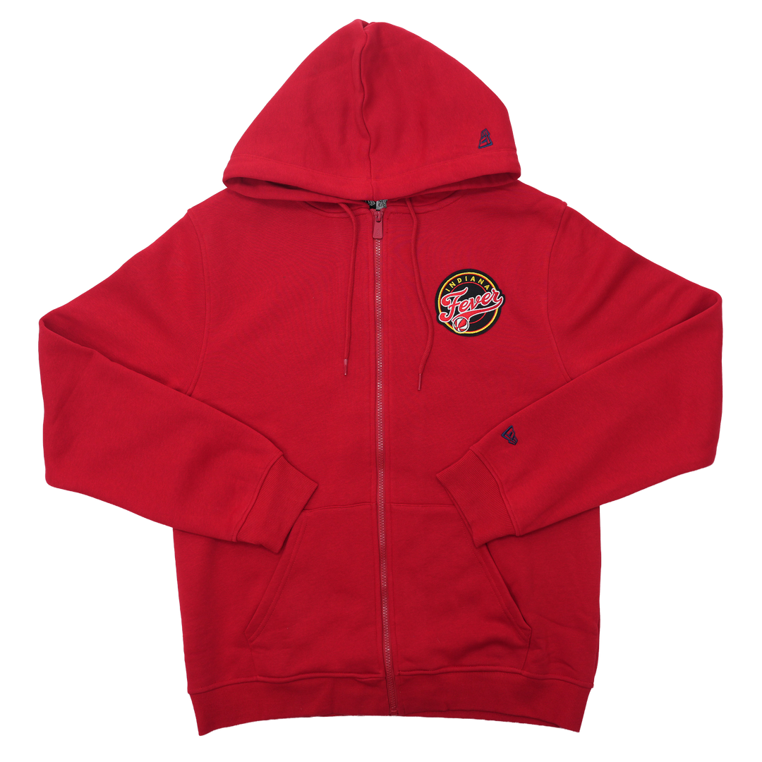 Red hoodie with a logo on the chest against a white background