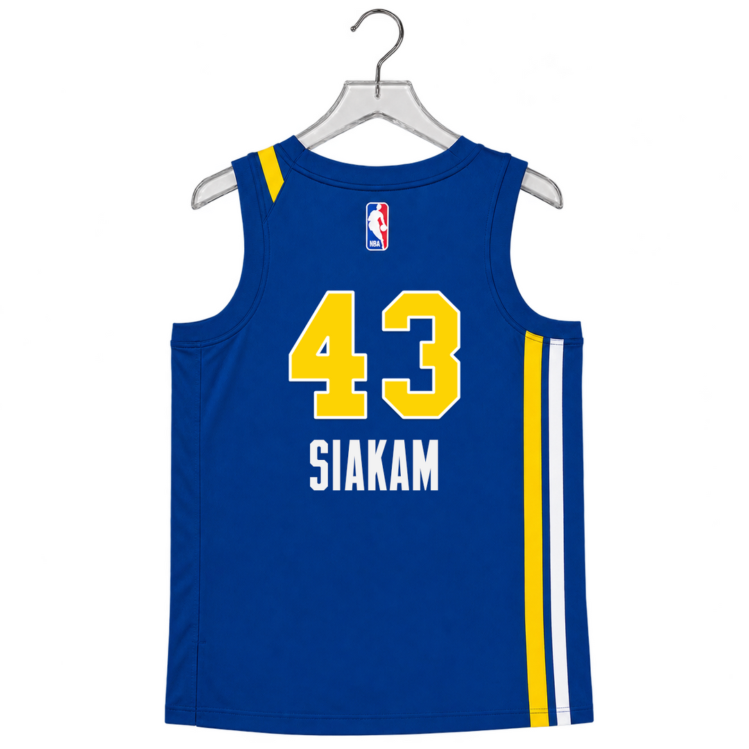 A royal blue basketball jersey hanging on a clear plastic hanger, showing the back side with the number 43, the name SIAKAM, and the NBA logo. The jersey features yellow and white accents on the shoulders and side stripes.