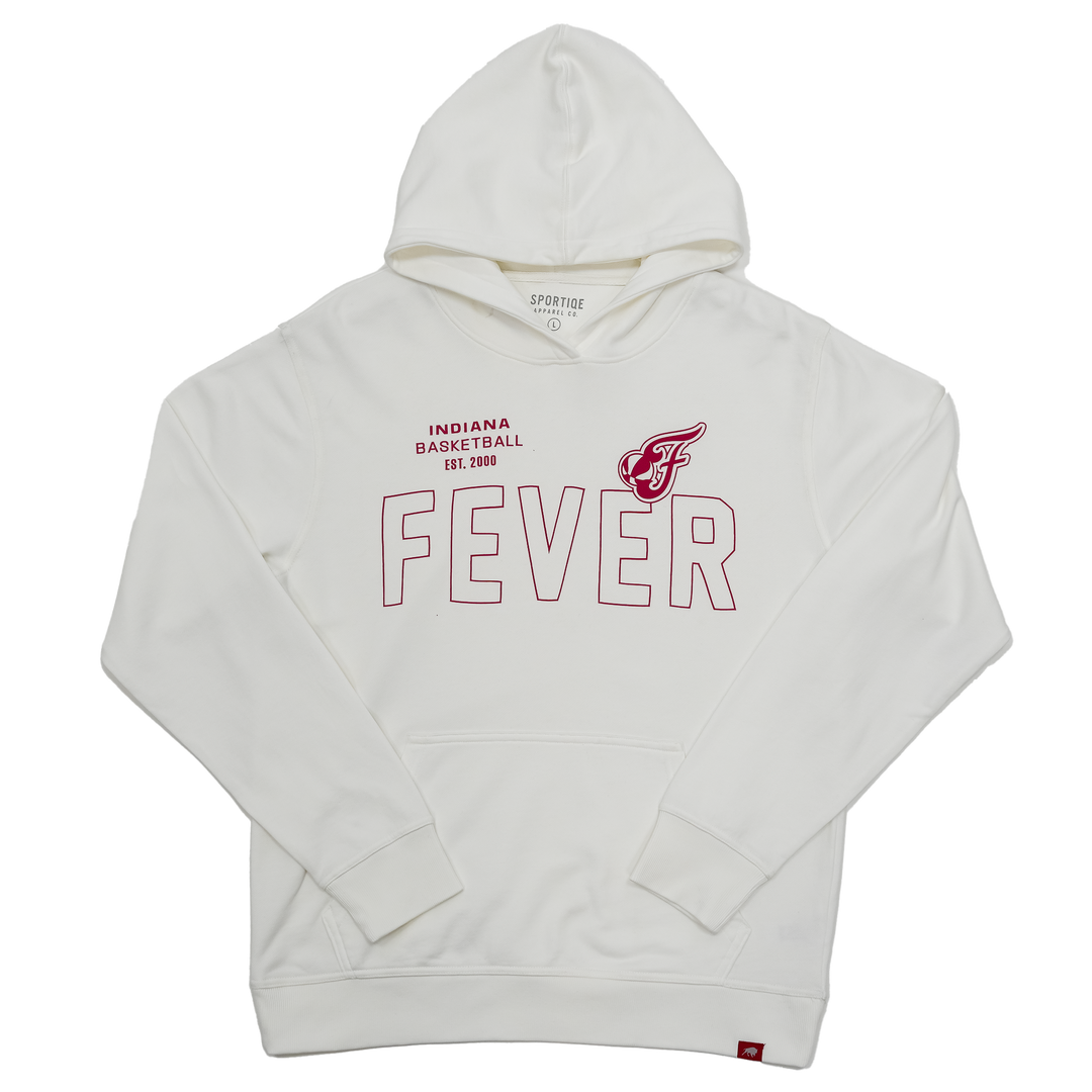 White hoodie with 'Indiana Basketball Fever' text and logo on a white background